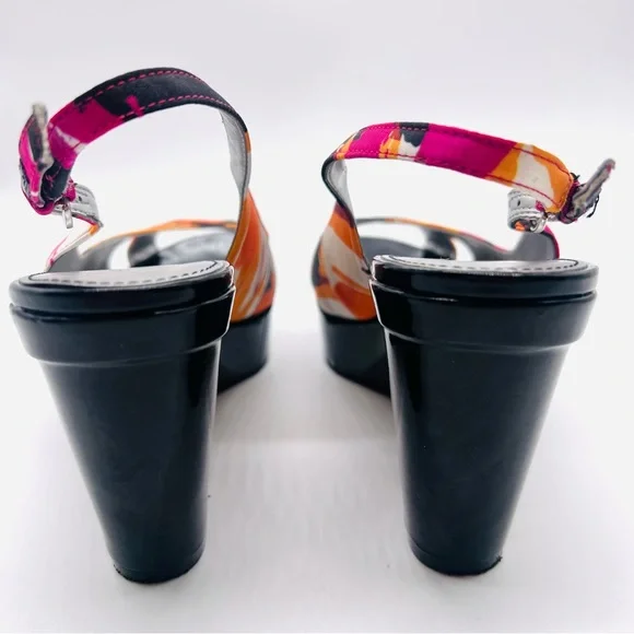 MARC FISHER Platform Peep Toe Wedges Sandals Shoes Multi Color Black Pat… - Picture 10 of 13